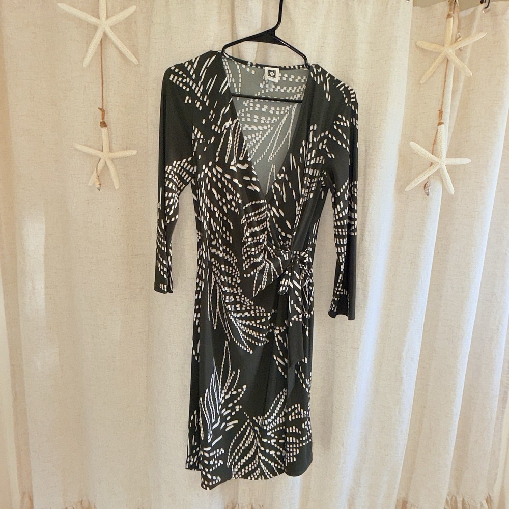 Anne Klein Size 6 Olive Green Faux Wrap Tie Dress | Palm Leaf Print Coastal Chic
